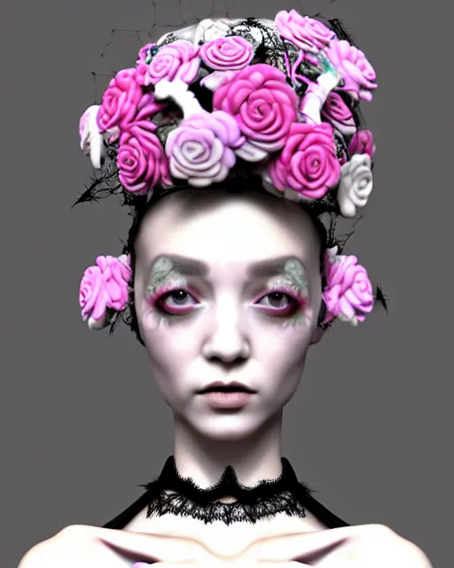 Image similar to dreamy surreal poetic pinky 3D render of a beautiful young porcelain female-creature-cyborg-vegetal with a very long neck and a super big gothic web lace collar filled with small dead flies and a very high big floral crown with many black dry roses:: smoke, high fashion, haute couture, rococo, avant-garde, elegant, dreamy, hyper realistic, 150 mm lens, soft rim light, octane render, unreal engine, volumetric lighting, dramatic light,8k,