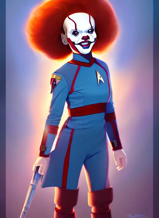 Image similar to cute star trek officer pennywise, natural lighting, path traced, highly detailed, high quality, digital painting, by don bluth and ross tran and studio ghibli and alphonse mucha, artgerm
