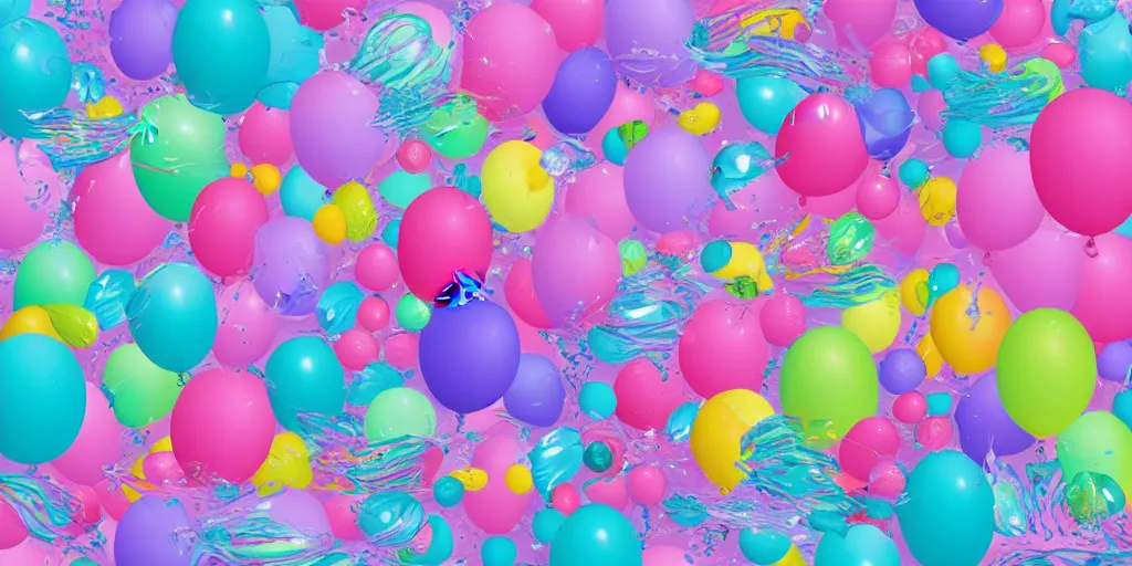 Prompt: many colorfull balloons swimming in the pink sea, highly detailed, realistic, dramatic,