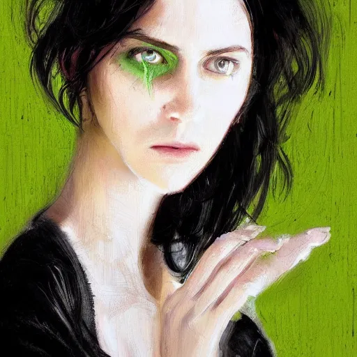 Image similar to Portrait of a woman by Greg Rutkowski, she is about 30 years old, pretty, messy black bob hair, pale round face, tired green eyes and she is wearing a black utilitarian jumper jumpsuit, highly detailed portrait, digital painting, artstation, concept art, smooth, sharp foccus ilustration, Artstation HQ.