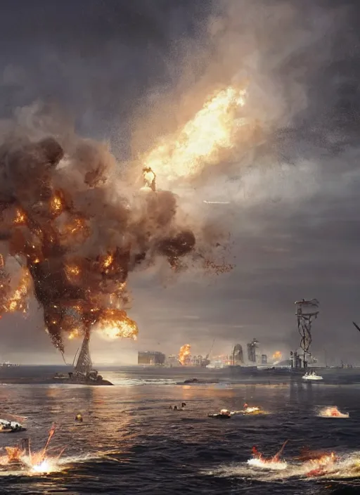 Image similar to hyper realistic squid robot attacking cape town city harbor explosions, atmospheric beautiful details, strong composition painted by kim jung giu weta studio rutkowski, james gurney and greg rutkowski, and lucasfilm