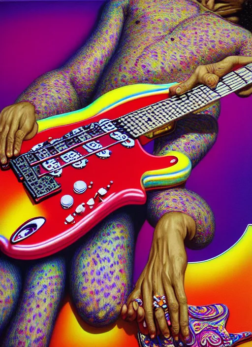 Image similar to hyper detailed 3d render like a Oil painting - Jimi Hendrix aerochrome and milky Fruit holding a left-handed white stratocaster guitar in his left hand, iridescent paisley patterns by Jacek Yerka, Ilya Kuvshinov, Mariusz Lewandowski, Houdini algorithmic generative render, Abstract brush strokes, Masterpiece, Edward Hopper and James Gilleard, Zdzislaw Beksinski, Mark Ryden, Wolfgang Lettl, hints of Yayoi Kasuma, octane render, 8k