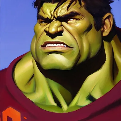 Image similar to Greg Manchess portrait painting of the Hulk as Overwatch character, medium shot, asymmetrical, profile picture, Organic Painting, sunny day, Matte Painting, bold shapes, hard edges, street art, trending on artstation, by Huang Guangjian and Gil Elvgren and Sachin Teng