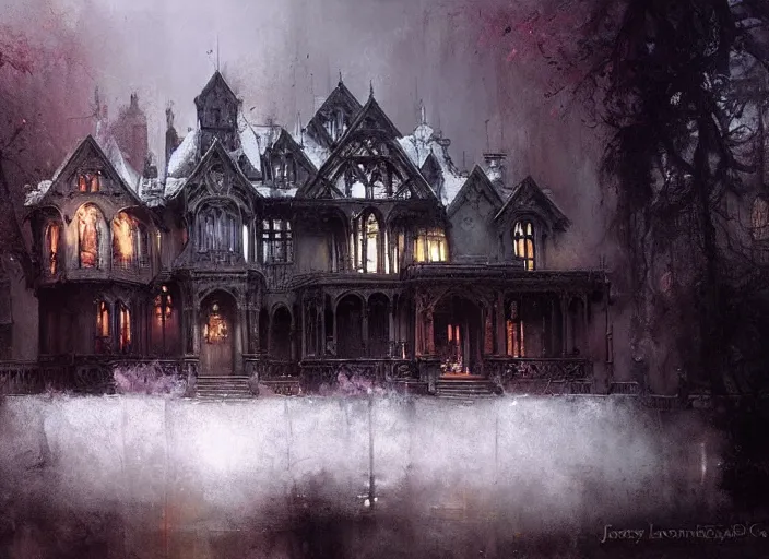 Image similar to gothic mansion, ornate, magical, elegant, artwork, paint, complimentary - colors, bastien lecouffe - deharme, by jeremy mann