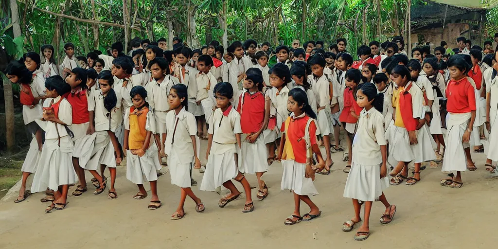 Prompt: sri lankan school kids, drawn by hayao miyazaki, rule of thirds