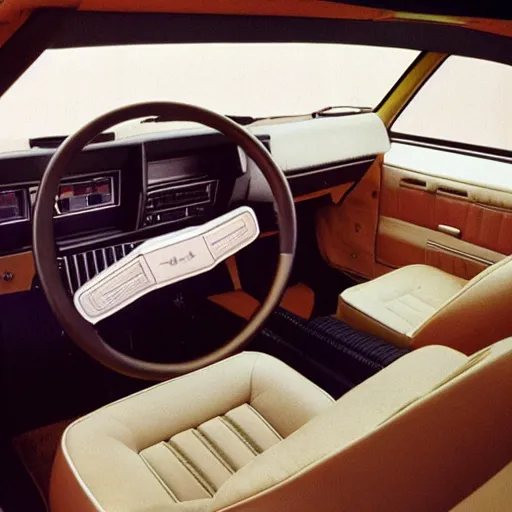 Prompt: realistic interior picture of a car from the 1980s