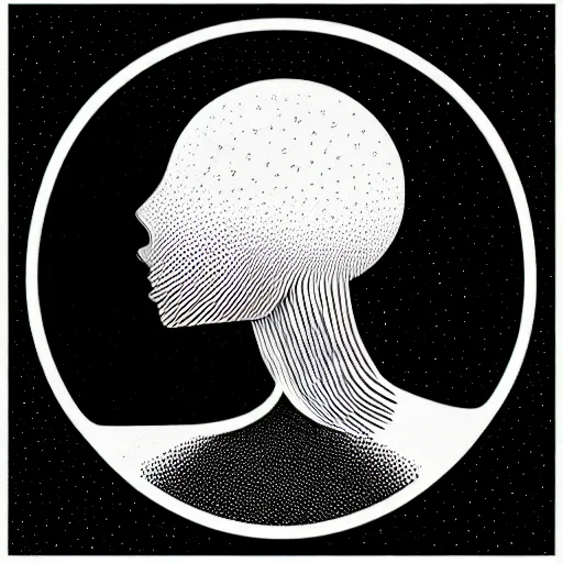 Prompt: a wandering mind, logo, simple white background victo ngai, kilian eng, black and white