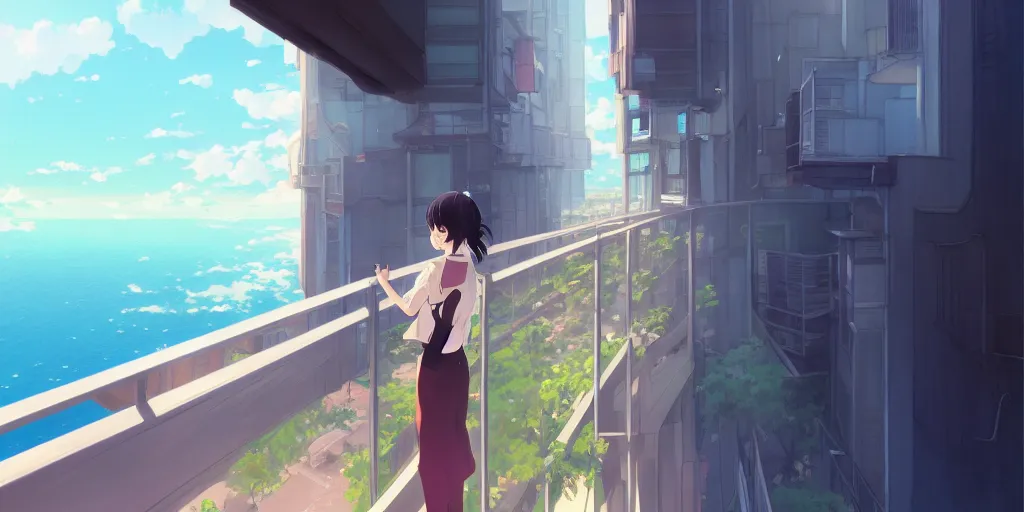 Image similar to beautiful anime painting of a woman looking out of the balcony of her apartment to the coast below, daytime, by makoto shinkai, kimi no na wa, artstation, atmospheric.