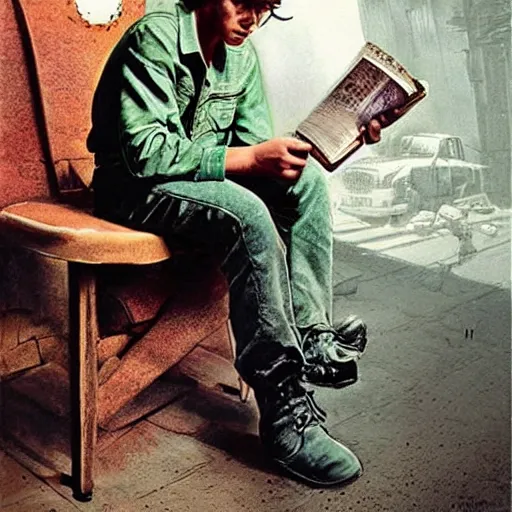 Prompt: a highly detailed epic cinematic concept art CG render digital painting artwork costume design: young James Dean as a well-kept neat anarchist rebel in 1950s USSR green overalls and big boots, reading a book. By Greg Rutkowski, Ilya Kuvshinov, WLOP, Stanley Artgerm Lau, Ruan Jia and Fenghua Zhong, trending on ArtStation, subtle muted cinematic colors, made in Maya, Blender and Photoshop, octane render, excellent composition, cinematic atmosphere, dynamic dramatic cinematic lighting, aesthetic, very inspirational, arthouse