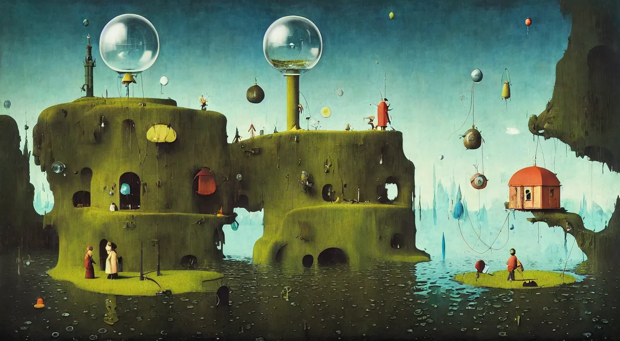 Image similar to single flooded simple!! bubble tower, very coherent and colorful high contrast masterpiece by norman rockwell franz sedlacek hieronymus bosch dean ellis simon stalenhag rene magritte gediminas pranckevicius, dark shadows, sunny day, hard lighting