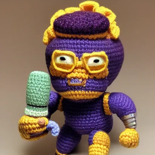 Image similar to Thanos holding the Infinity Gauntlet, Amigurumi