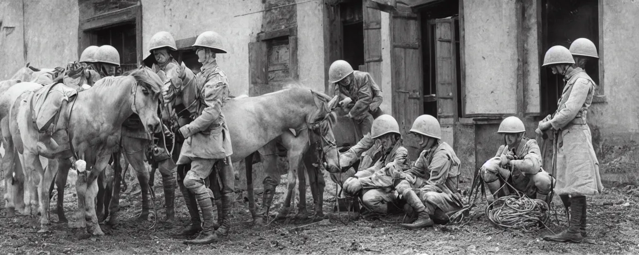 Image similar to soldiers feeding horses spaghetti meal, world war 1, canon 5 0 mm, kodachrome, in the style of wes anderson, retro