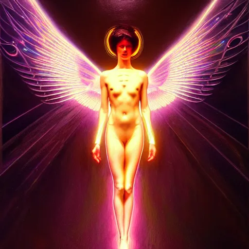 Prompt: tron angel, innocent illuminated face, psychedelic lsd, diffuse lighting, hyper realistic, elegant, intricate, hyper detailed, smooth, sharp focus, concept art, illustration, trending on artstation, art by john collier, artem demura, greg rutkowski, james gurney, and alphonse mucha