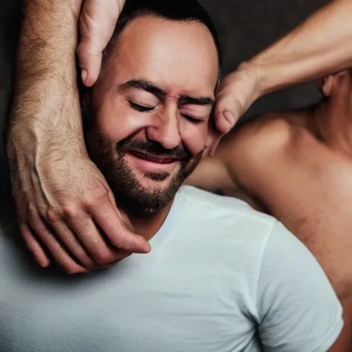 Image similar to man getting his armpits tickled by another man