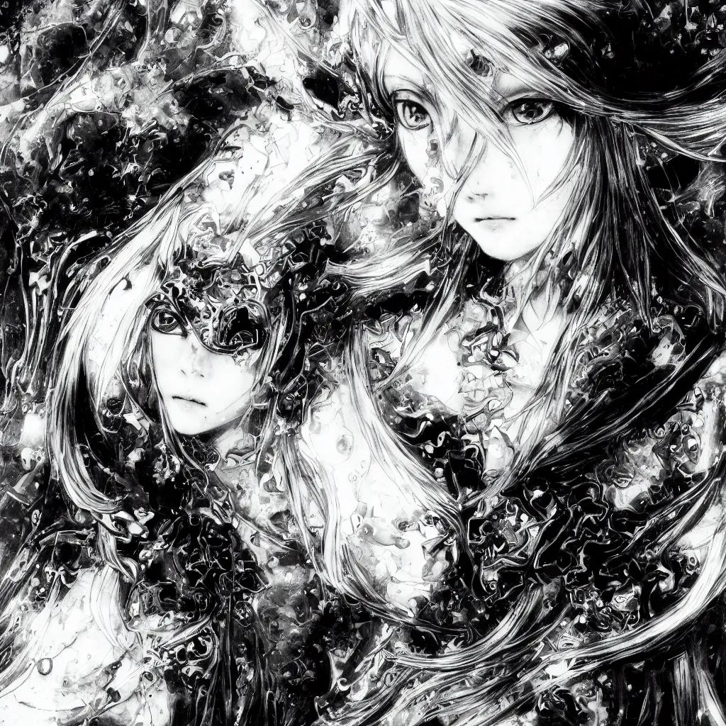 Image similar to Yoshitaka Amano blurred and dreamy illustration of an anime girl with pirate eye patch, wavy white hair and cracks on her face wearing Elden ring armour with the cape fluttering in the wind, abstract black and white patterns on the background, noisy film grain effect, highly detailed, Renaissance oil painting, weird portrait angle