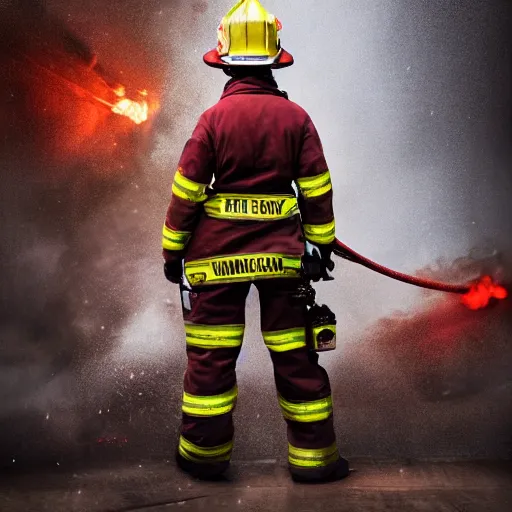 Image similar to full body pose, hyperrealistic photograph of female fireman, dim volumetric lighting, 8 k, octane beautifully detailed render, extremely hyper detailed, intricate, epic composition, cinematic lighting, masterpiece, trending on artstation, very very detailed, stunning, hdr, smooth, sharp focus, high resolution, award, winning photo, dslr, 5 0 mm