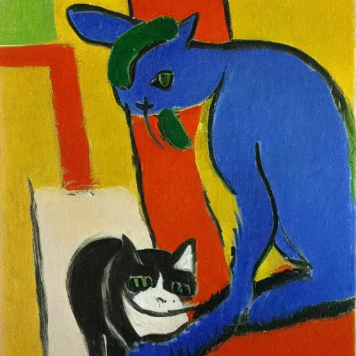 Image similar to An oil painting of a cat spitting on a man, colorful, by Henri Matisse