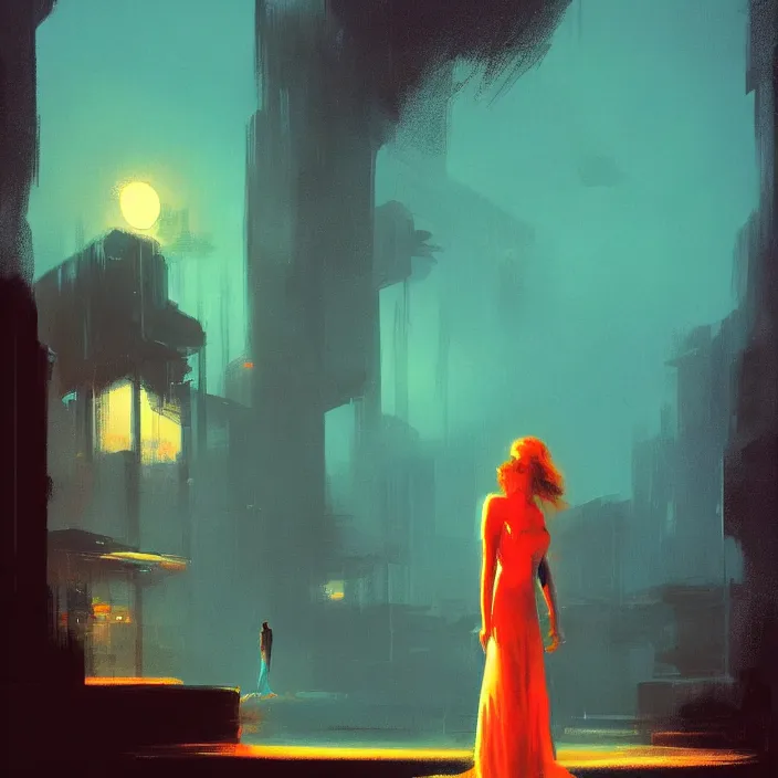 Image similar to lonely lady, portrait, concept art, digital painting, noir, backlit, flare, neon lights, atmospheric, by bruce pennington, by corbusier