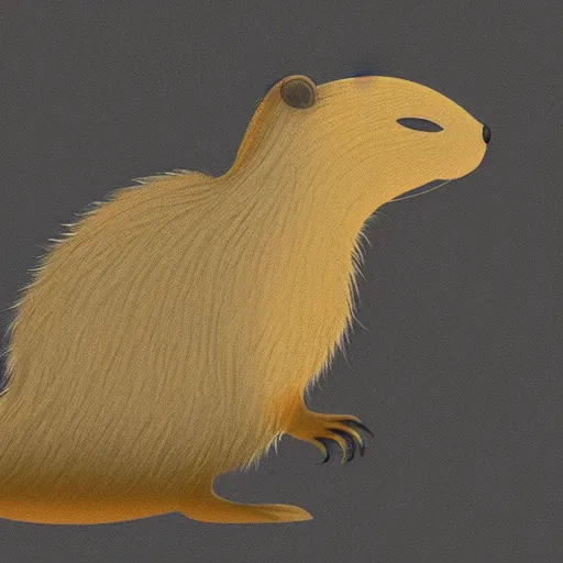 Image similar to a beaver in profile with a big tail and big front teeth, fluffy fur drawn concept art