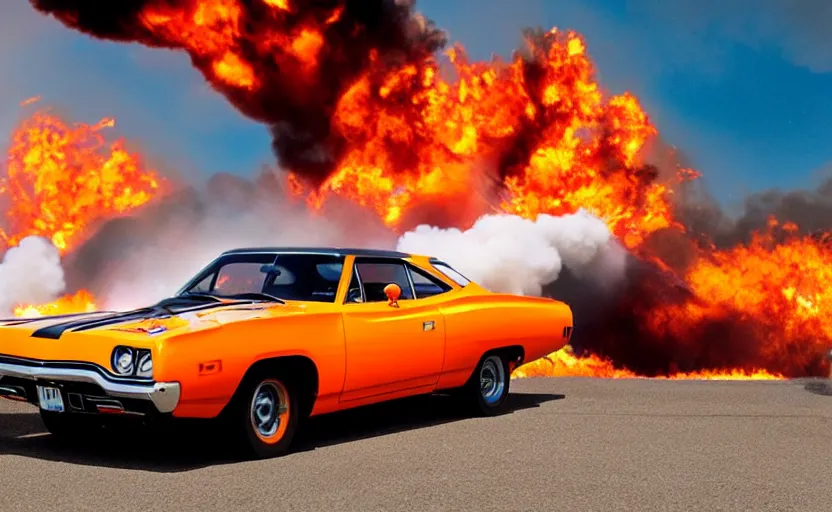 Image similar to a orange 1 9 7 0 plymouth road runner superbird driving high speed, fire explosion in the background, action scen. blue sky realistic. high resolution. dramatic