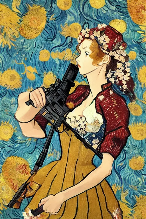 Image similar to beautiful anime goddess dressed as a military officer holding a gun, well - rendered, extra crisp, illustration pattern background with bizarre compositions and blend of flowers, fruits, birds by beto val painted by van gogh