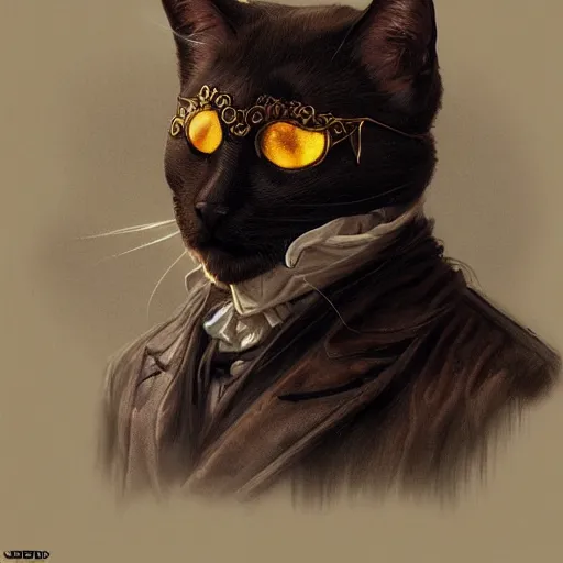 Prompt: portrait, male humanoid cat, monocle over one eye, black fur, pirate, doctor, pirate clothes, d & d, fantasy, intricate, elegant, highly detailed, digital painting, artstation, concept art, matte, sharp focus, illustration, art by artgerm and greg rutkowski and alphonse mucha