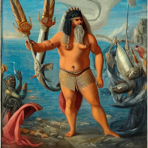 Prompt: The performance art shows a mythological scene. A large, bearded man is shown seated on a throne, surrounded by sea creatures. He has a trident in one hand and a shield in the other. Behind him is a large fish, and in front of him are two smaller creatures. Ancient Egyptian, azure by John Wilhelm, by William Gropper haunting