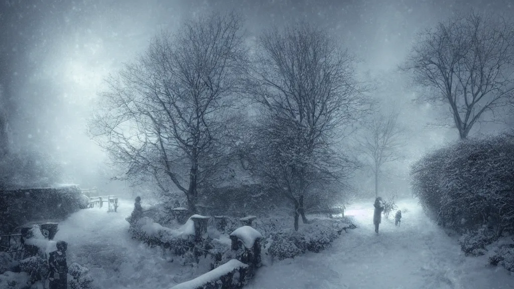 Image similar to the secret garden under heavy snow. andreas achenbach, artgerm, mikko lagerstedt, zack snyder, tokujin yoshioka