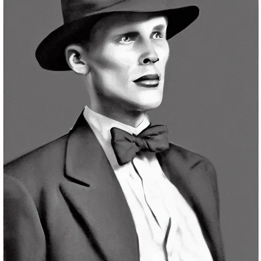 Image similar to A photograph portrait of Jerma985 wearing a suit with and fedora in the 1940s, taken in the early 1940s, grainy, taken on a 940s Kodak Camera, realistic, hyperrealistic, very realistic, highly detailed, very detailed, extremely detailed, detailed, digital art, trending on artstation