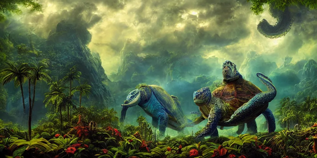Image similar to fantasy oil painting, great leviathan, turtle cephalopod terrapin reptilian pachyderm amphibian hybrid, rainforest mountains, lush plants flowers, epic natural light, bright clouds, luminous sky, outer worlds, cinematic lighting, michael whelan, michael cheval, vray, 8 k hd