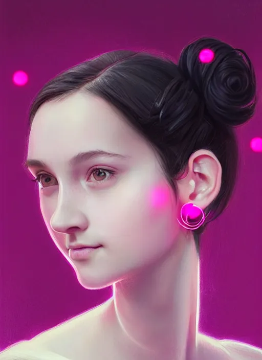 Image similar to portrait of teenage girl, narrow face, black hair, bangs, half updo hairstyle, skinny, smile, unattractive, defined jawline, big chin, wearing pink hair bow, earrings, intricate, elegant, glowing lights, highly detailed, digital painting, artstation, sharp focus, illustration, art by wlop, mars ravelo and greg rutkowski