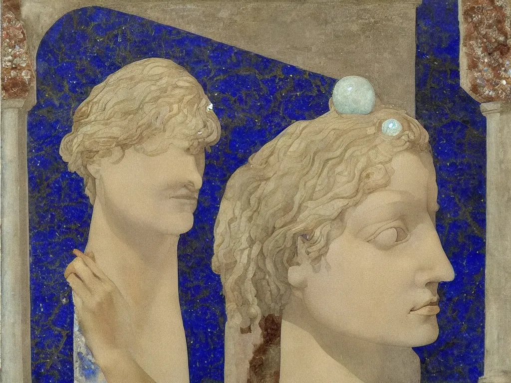 Prompt: marble greek sculpture head with inlaid crystal eyes. lapis - lazuli, turquoise, malachite, cinnabar, earth brown. painting by piero della francesca, balthus, agnes pelton