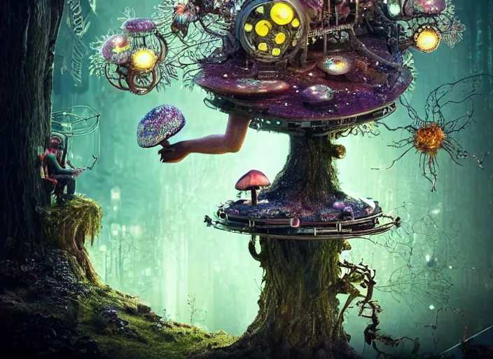Image similar to 35mm intricate mechanical fairy with visible gears and electronics and optic Fibres sitting on top of a mushroom in a magical forest, having tea with a giant minotaur. Very detailed 8k. Fantasy cyberpunk horror. Sharp. Cinematic post-processing