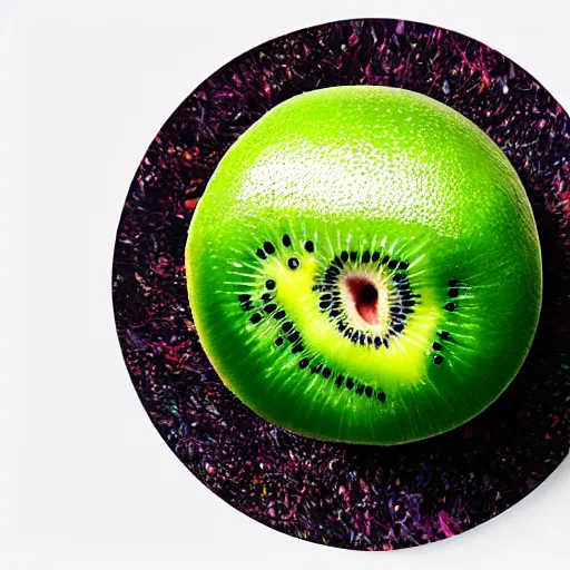 Prompt: art of kiwi vinyl record in shape of huge kiwi fruit, 4 k, unreal render, by blender guru, vibrant colors