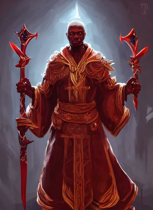 Prompt: a highly detailed illustration of short white haired african priest, wearing cross on robe, wielding red blades, strong standing pose, blood flowing around him, muscular, intricate, elegant, highly detailed, centered, digital painting, artstation, concept art, smooth, sharp focus, league of legends concept art, WLOP
