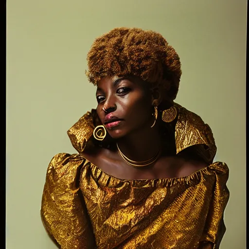 Prompt: portrait of an afro woman with gold clothings and jewelry photographed by irving penn