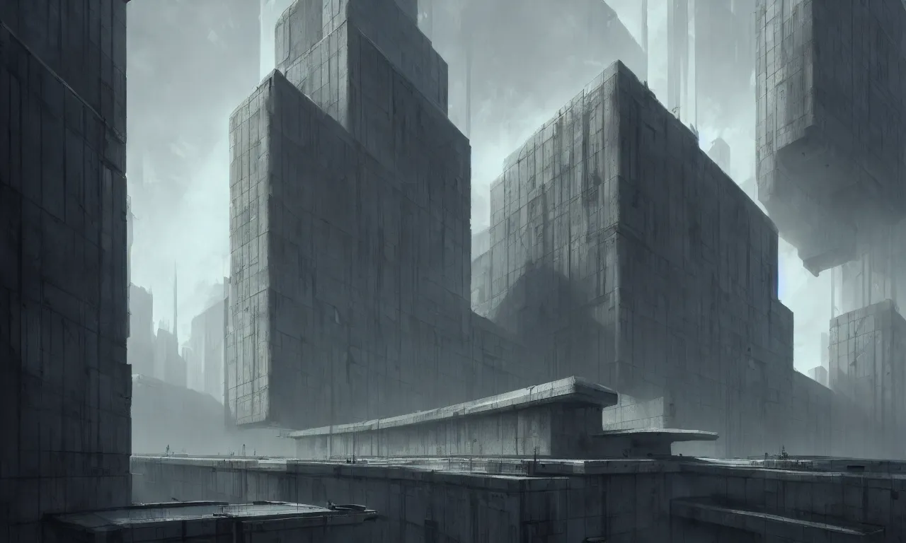 Prompt: brutalist architecture, raphael lacoste, eddie mendoza, alex ross, concept art, matte painting, highly detailed, rule of thirds, dynamic lighting, cinematic, detailed, denoised, centerd