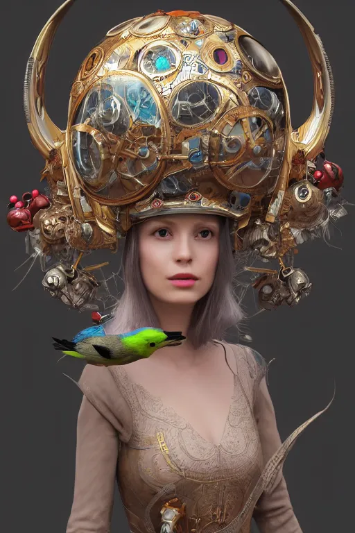 Image similar to cyber helmet 3 d render of english princess holding birds, ornaments, mucha vibe, dieselpunk, solarpunk, artstation, andrei riabovitchev