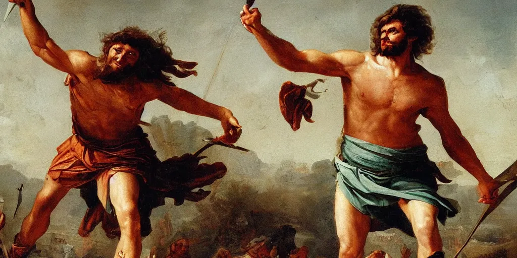 Image similar to high quality high detail painting, of david killing giant goliath