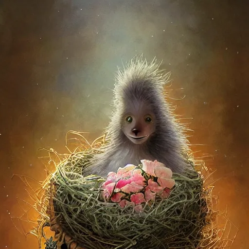 Image similar to long shot of a very furry alien chick nesting in a floral cup, esao andrews, by m. w. kaluta, humorous!!! illustration, hyperrealistic, tilt shift, warm colors, night scenery, low light, 3 d octane render, 4 k, volumetric lights, smooth, cosy atmosphere, conceptart, hyperdetailed, trending on deviantart