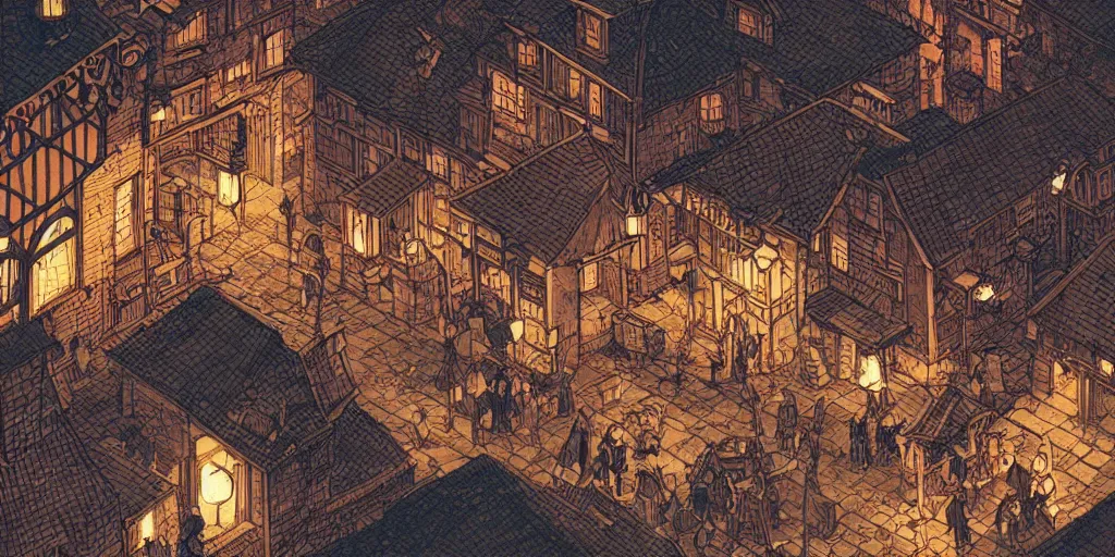 Image similar to isometric view illustration of a medieval village street corner, highly detailed, dark, gritty, at night, glowing lamps scattered around, by Victo Ngai