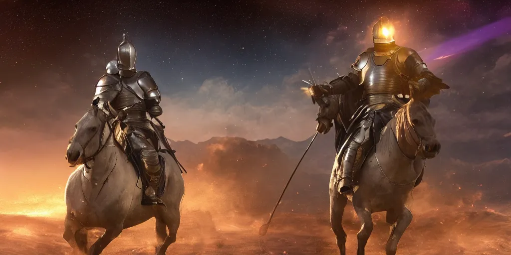 Prompt: A knight while riding in a horse through the galaxy, hyperrealistic, 8K, octane render, highly detailed, volumetric lighting