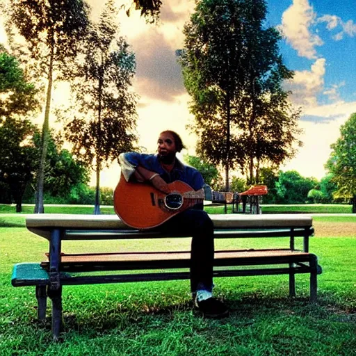 Image similar to 1 9 9 0 s candid 3 5 mm photo of a man sitting on a bench in a park playing guitar, cinematic lighting, cinematic look, golden hour, the clouds are epic and colorful with cinematic rays of light, photographed by petra collins, uhd