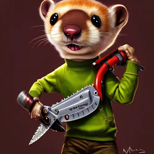 Prompt: an epic chibi comic book style portrait painting of a weasel with a chainsaw, character design by mark ryden and pixar and hayao miyazaki, unreal 5, daz, hyperrealistic, octane render, cosplay, dynamic lighting, intricate detail, harvest fall vibrancy, cinematic