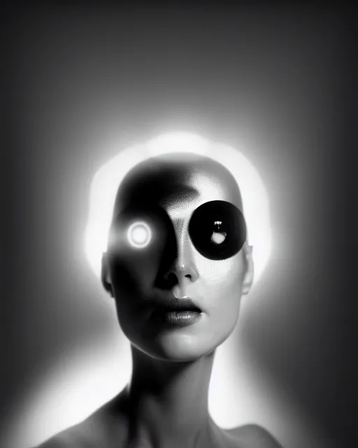 Image similar to black and white high quality photo of a beautiful female vegetal-cyborg looking into a sci-fi mirror, volumetric lighting, brutalism, foggy, dreamy, hyperdetailed, bokeh, photorealistic, cinematic, masterpiece, elegant, dark, by Man Ray in the style of Horst P. Horst, octane render, 8K,