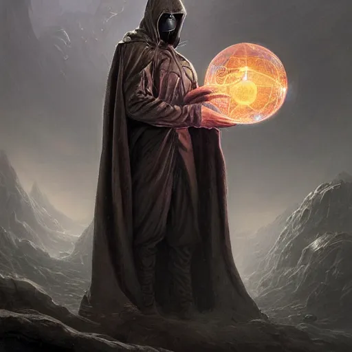 Prompt: rogue male wearing a cloak on an alien world and holding a holographic planet projection in his hand, masked face, detailed, sci - fi, digital painting, artstation, sharp focus, illustration, ominous, artgerm, tomasz alen kopera, peter mohrbacher, donato giancola, joseph christian leyendecker, wlop, frank frazetta