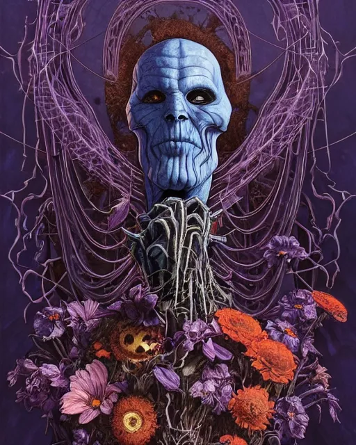 Image similar to the platonic ideal of flowers, rotting, insects and praying of cletus kasady ultimate carnage thanos dementor doctor manhattan chtulu nazgul davinci, detailed, intricate, hyperrealism, intense, scary, decay, dmt, art by brock hofer and artgerm and greg rutkowski and alphonse mucha