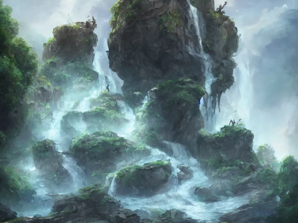 Image similar to A beautiful concept art painting of a giant levitating stone with waterfalls falling off its edges, by Natasha Tan, trending on artstation, dramatic lighting