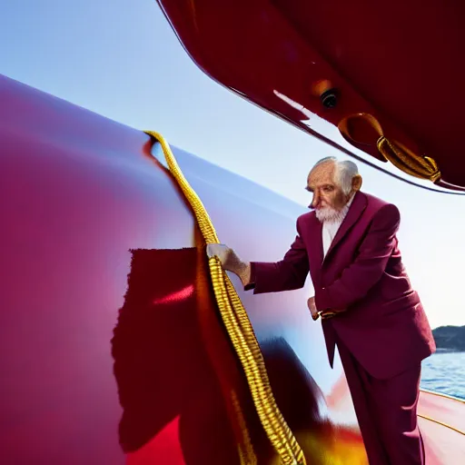 Image similar to wrinkled hunchbacked old man in musty burgundy suit, polishing painting the side of a huge gold plated mega yacht with a cloth, maintenance photo