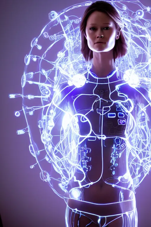 Image similar to summer glau as cortana from halo, transparent glowing digital body, complex wires and circuits